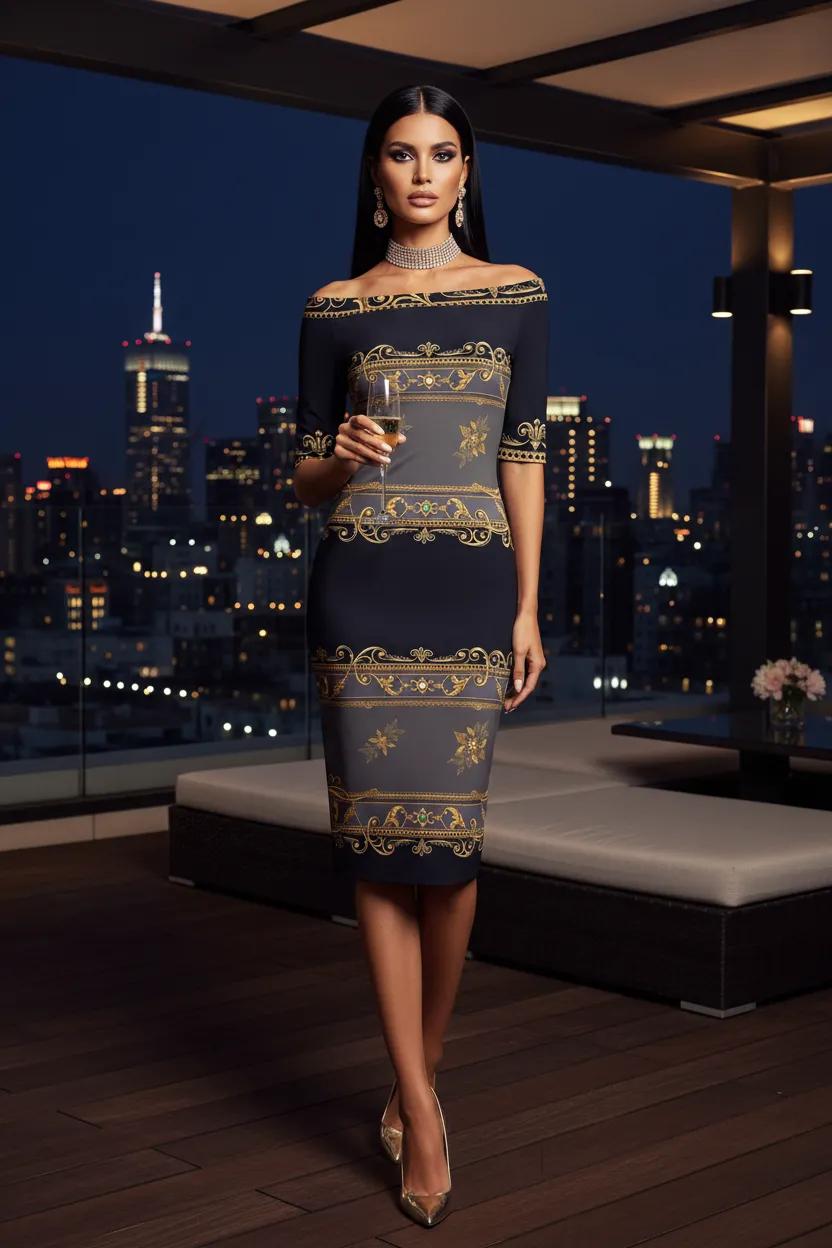 Black Grey Gold Baroque Off Shoulder Wrap Midi Dress Women Elegant Bodycon S-6XL