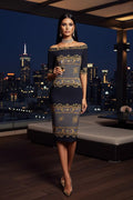 Black Grey Gold Baroque Off Shoulder Wrap Midi dress bodycon elegant evening outfit