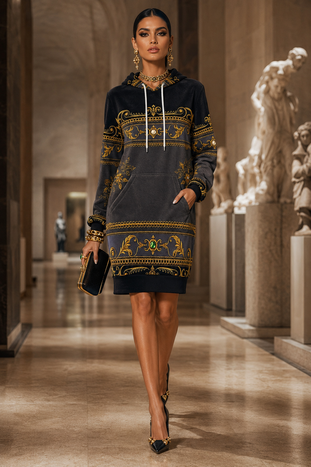Black Grey Gold Baroque velvet hoodie dress elegant evening outfit with intricate patterns