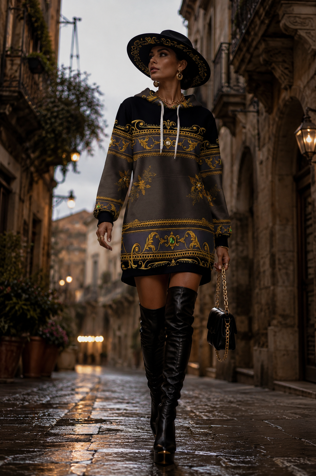 Black Grey Gold Baroque velvet hoodie dress elegant evening outfit with thigh high boots
