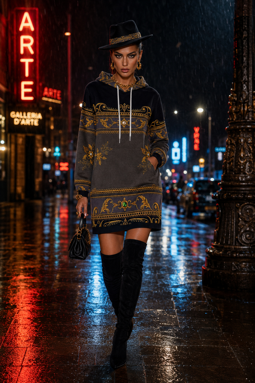 Black Grey Gold Baroque Velvet Hoodie Dress Elegant Evening Outfit with Knee High Boots