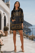 Black Grey Gold Baroque velvet hoodie dress stylish outfit elegant evening wear
