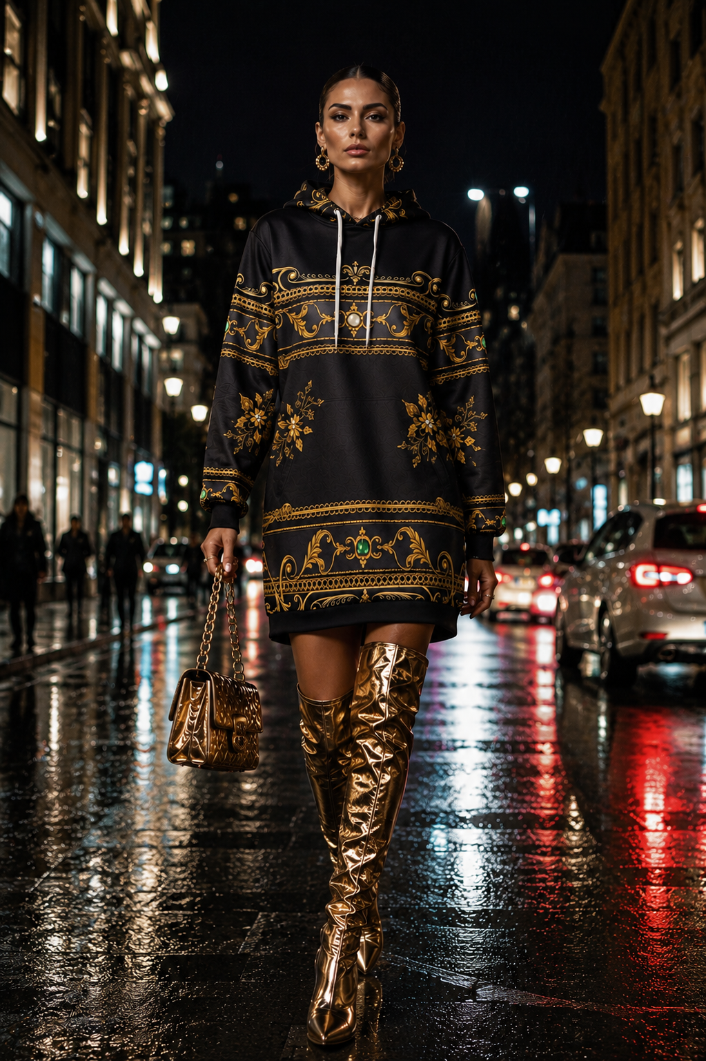 Black Grey Gold Baroque velvet hoodie dress Elegant Evening Outfit with Metallic Boots