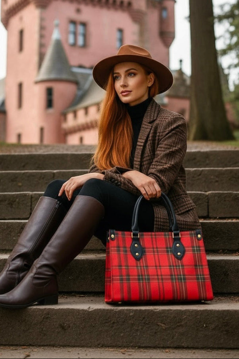 Red tartan purse with elegant black handles