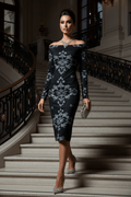 Black Silver Victorian Off Shoulder Midi Evening Dress Gown Elegant Classic Outfit