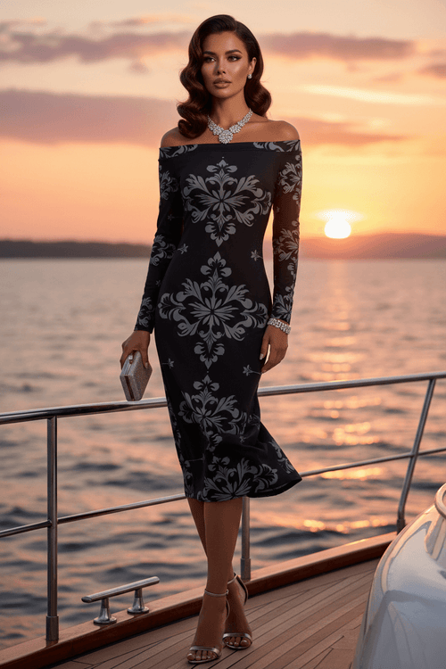 Black Silver Victorian Off Shoulder Midi evening dress gown Elegant Evening Outfit