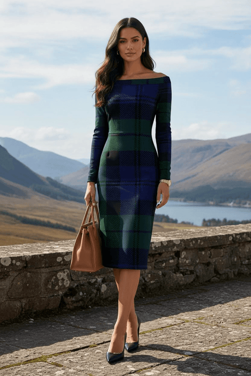 Black Watch Tartan Off Shoulder and Bodycon Dress -Elegant Evening Outfit
