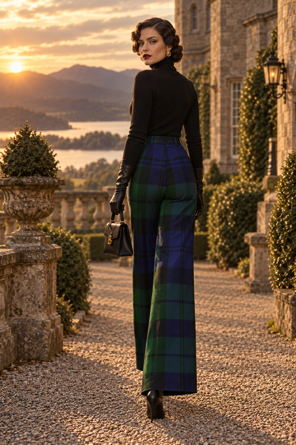 Black Watch Tartan wide-leg high waist trousers for women elegant evening outfit