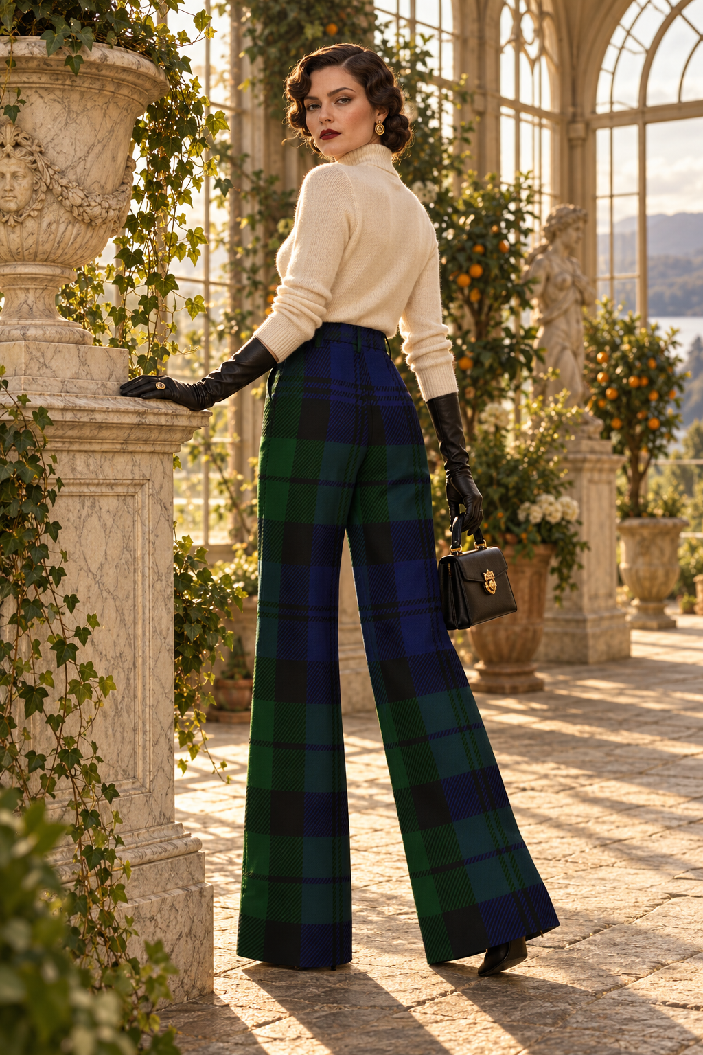 Black Watch Tartan wide-leg high waist trousers for women Elegant Evening Outfit Style