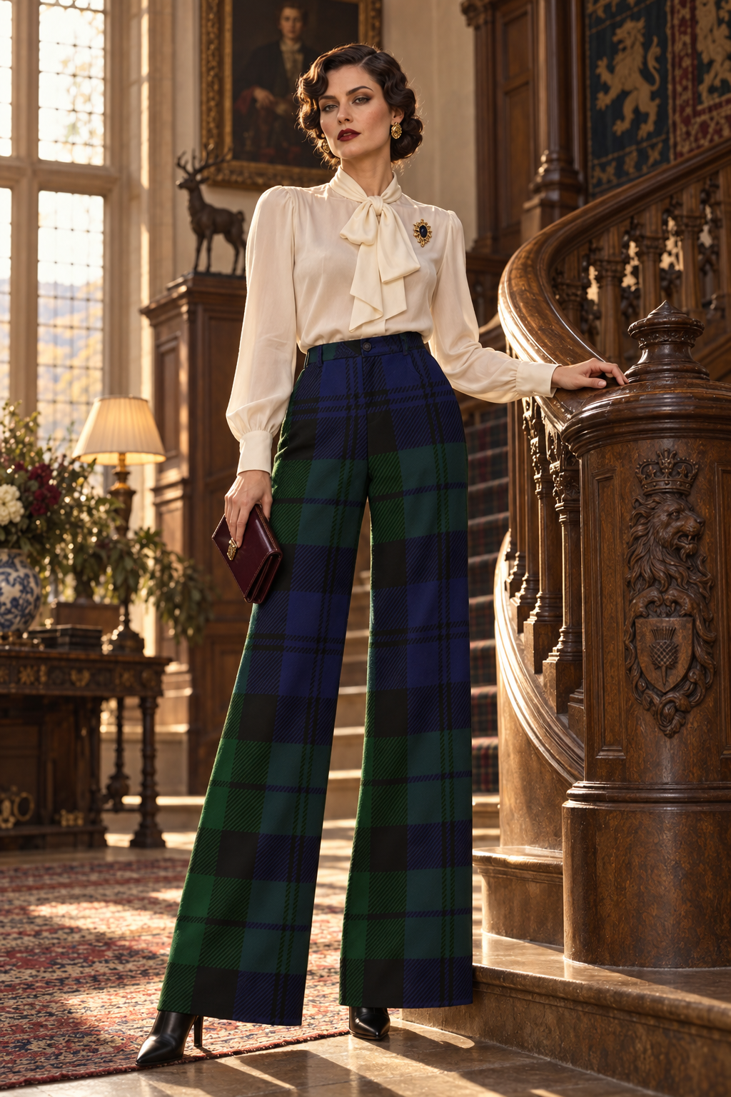 Black Watch Tartan wide-leg high waist trousers for women elegant outfit evening wear