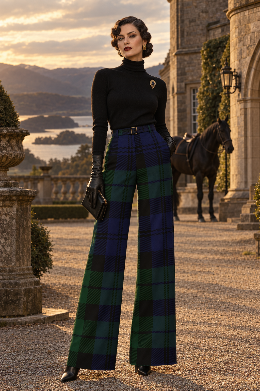 Black Watch Tartan wide-leg high waist trousers for women elegant evening outfit style