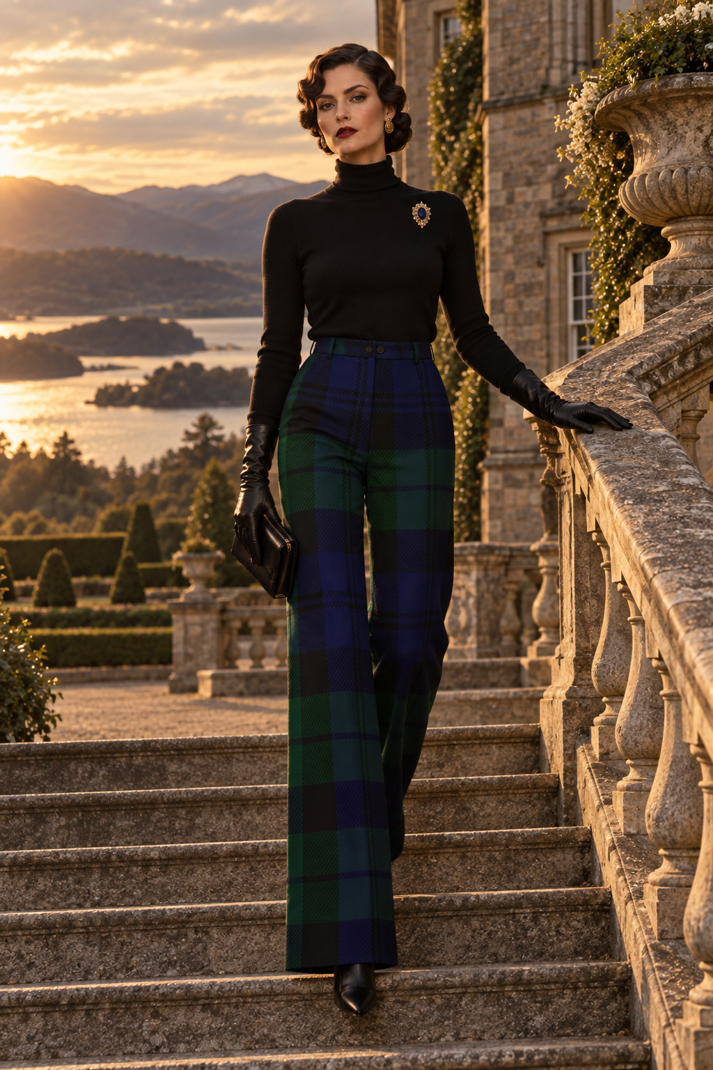 Black Watch Tartan Wide-Leg High Waist Trousers for Women Elegant Evening Outfit