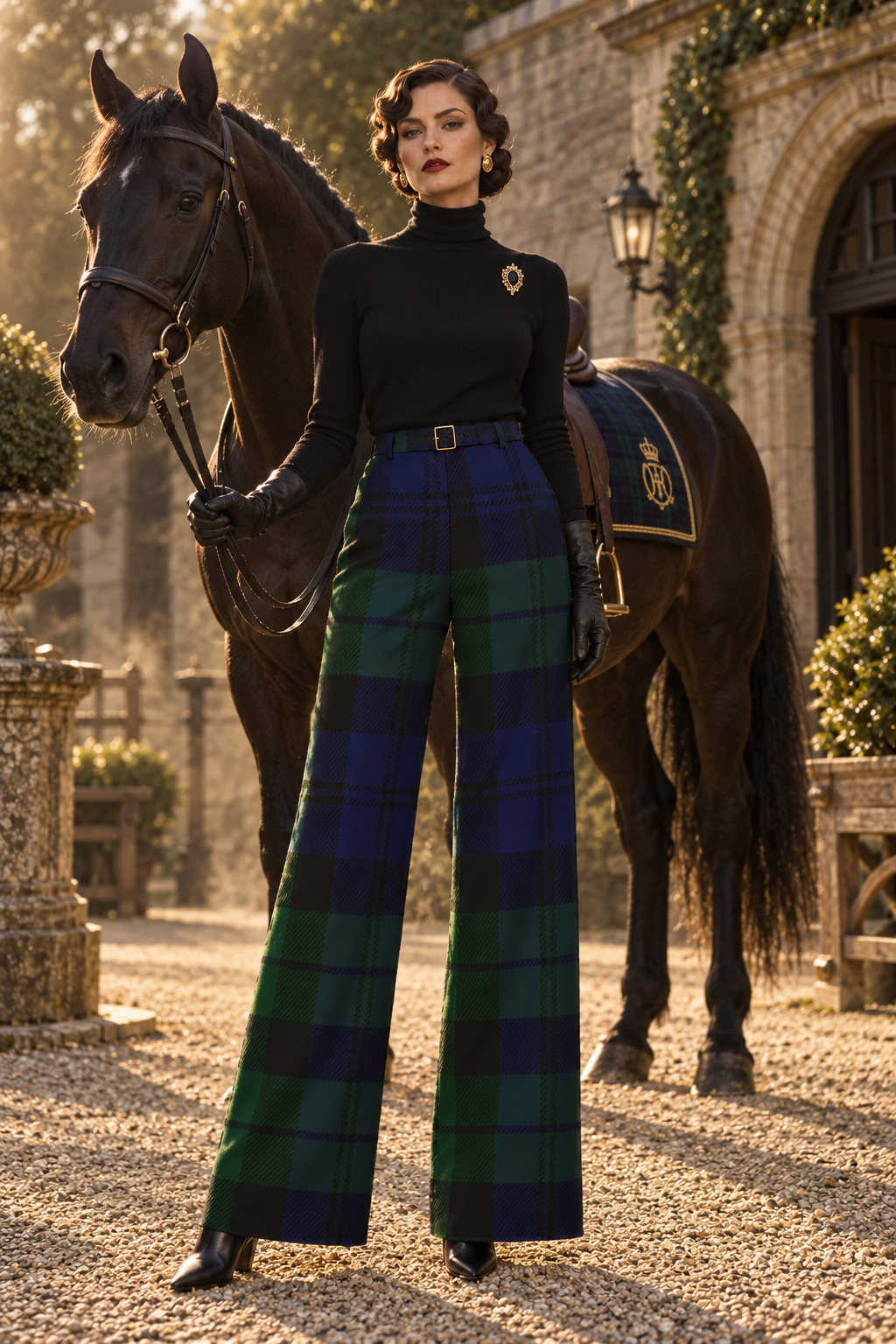 Black Watch Tartan wide-leg high waist trousers for women elegant evening outfit with belt
