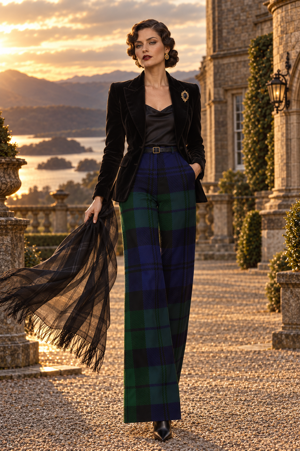 Black Watch Tartan wide-leg high waist trousers for women in elegant evening outfit