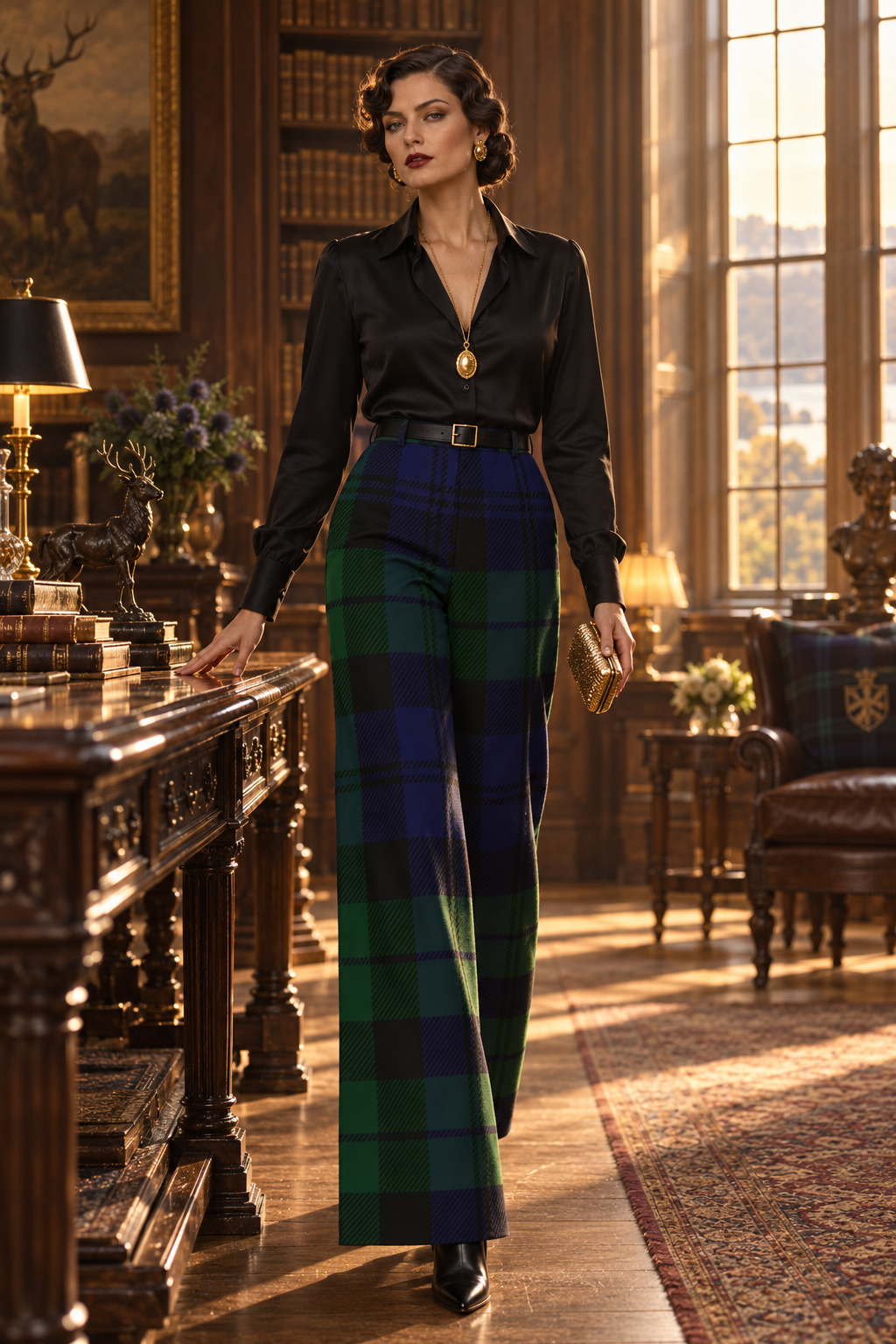 Black Watch Tartan Wide-Leg High Waist Trousers for Women elegant evening outfit