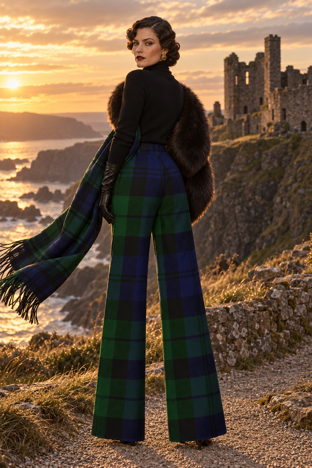 Black Watch Tartan wide-leg high waist trousers for women elegant evening outfit look