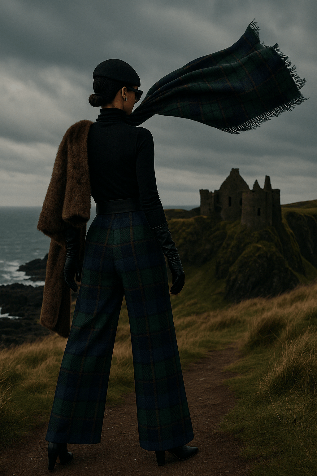 Woman wearing black watch tartan wide-leg trousers standing on cliffside path near castle ruins