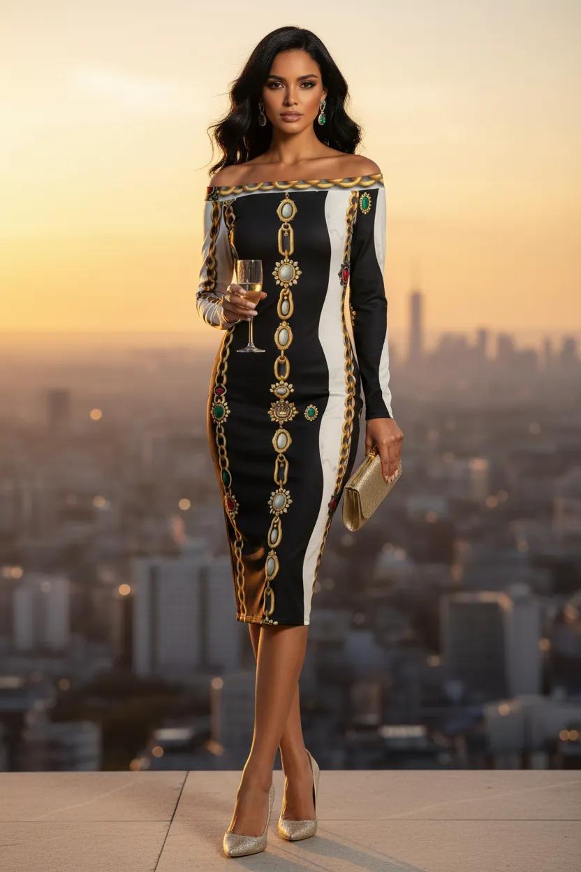 Baroque Off shoulder Bodycon Midi Dress -S-6XL elegant evening outfit with long sleeves