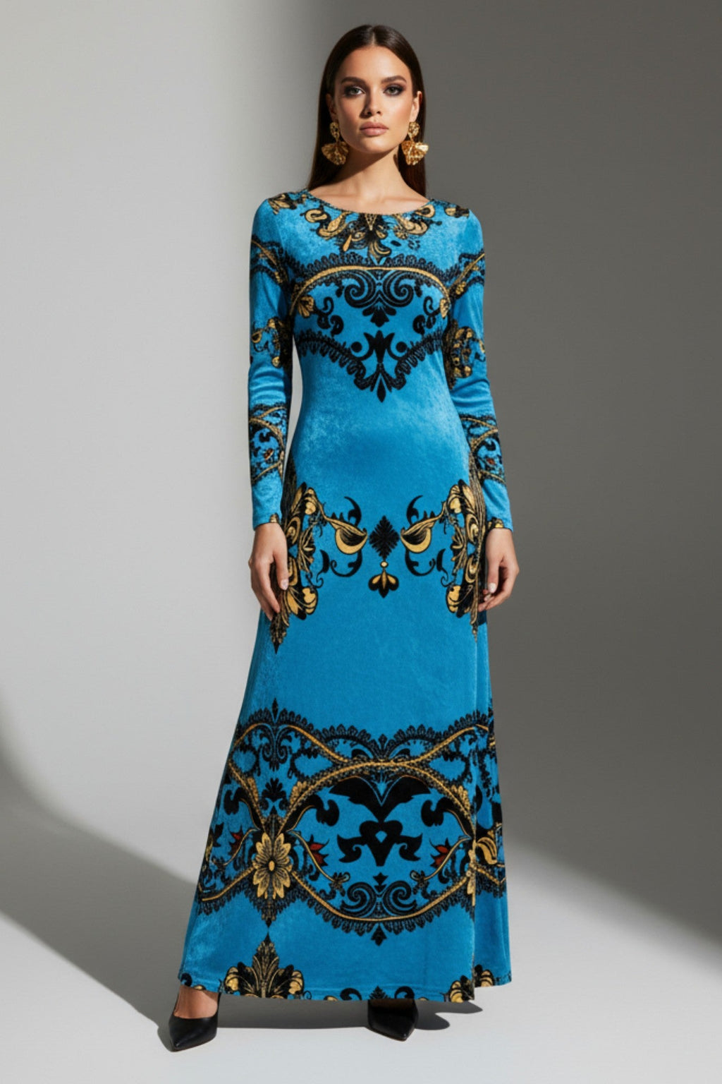 Angelic Blessings Shop baroque print velvet maxi dress in blue with long sleeves and ornate patterns
