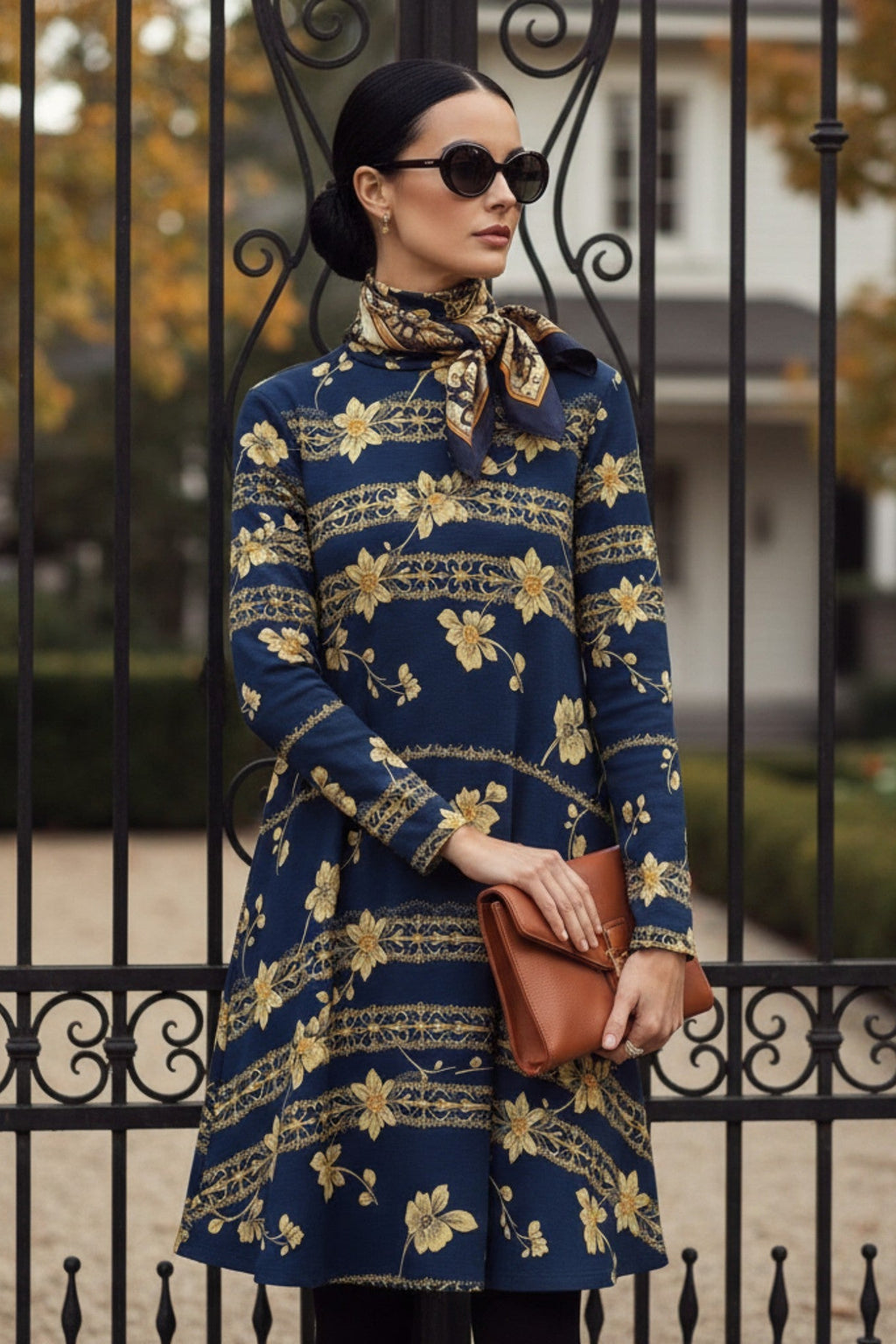 Navy blue floral high neck dress from Angelic Blessings Shop modeled with scarf and sunglasses
