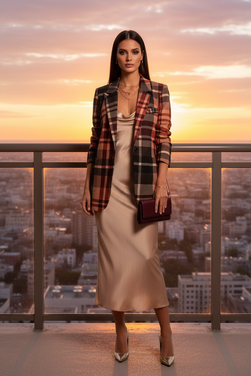 Blush Rose & Burgundy cotton blazer Evening Elegant Outfit with Plaid Design