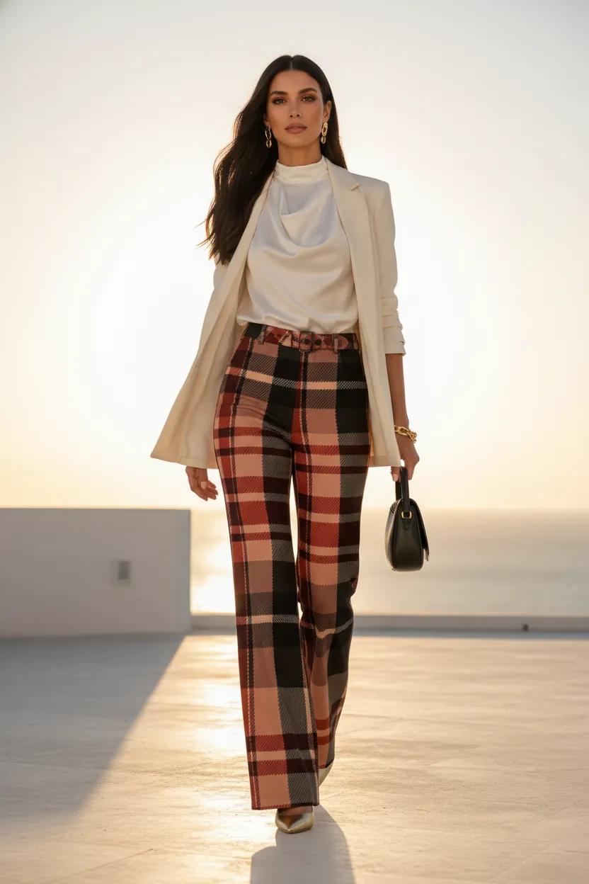Blush Rose Burgundy Tartan wide leg women trousers pants styled for elegant evening outfit