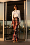 Blush Rose Burgundy Tartan wide leg women trousers pants outfit for elegant evening occasions