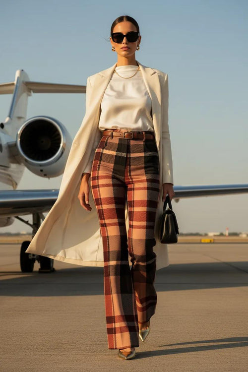 Blush Rose Burgundy Tartan wide leg women trousers pants outfit elegant evening wear