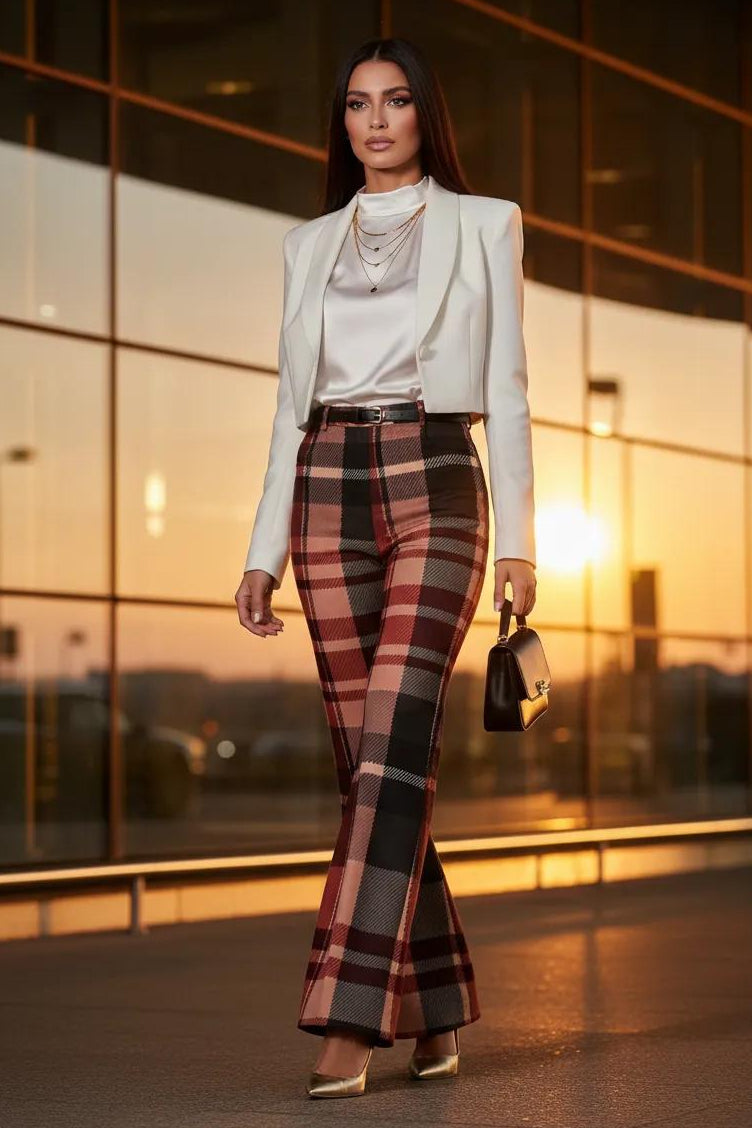 Blush Rose Burgundy Tartan wide leg women trousers pants elegant evening outfit
