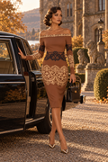 Brown Baroque Lace Off-Shoulder Bodycon Midi Dress Elegant Evening Outfit Style