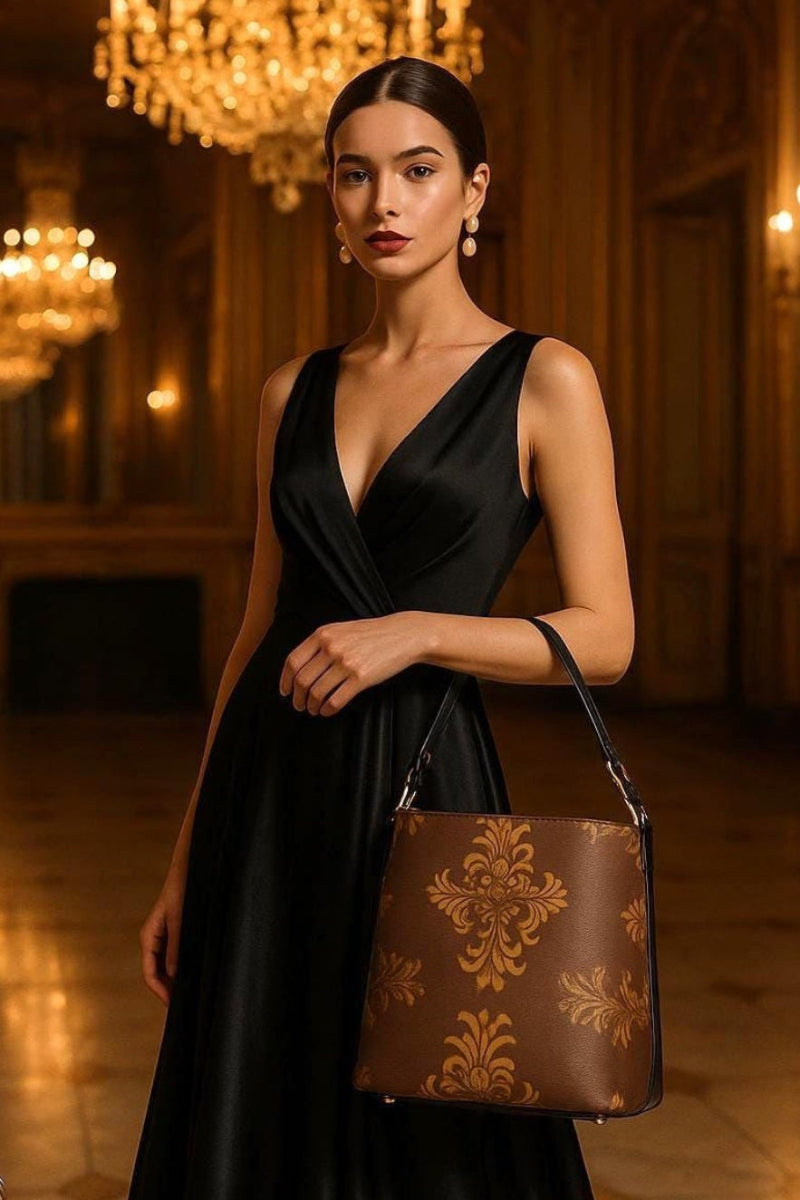 Elegant woman in black dress holding brown baroque print bucket handbag in luxury interior