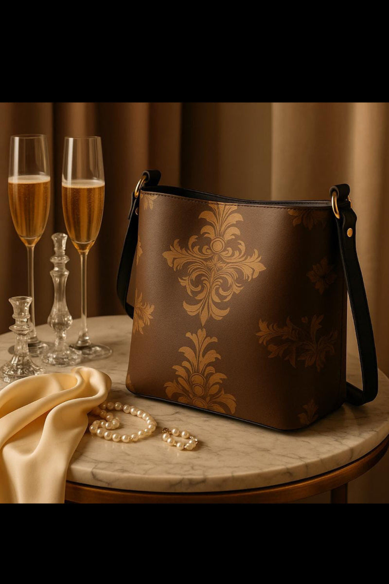 Brown baroque print bucket handbag from Angelic Blessings Shop displayed on marble table with pearls and champagne glasses