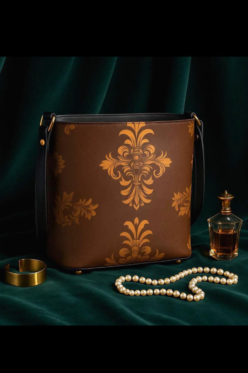 Brown baroque print bucket handbag by Angelic Blessings Shop with elegant gold pattern and black strap