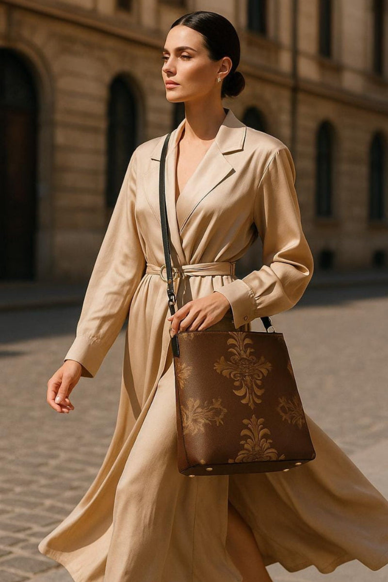 Brown baroque print bucket handbag worn by woman in beige dress walking on city street