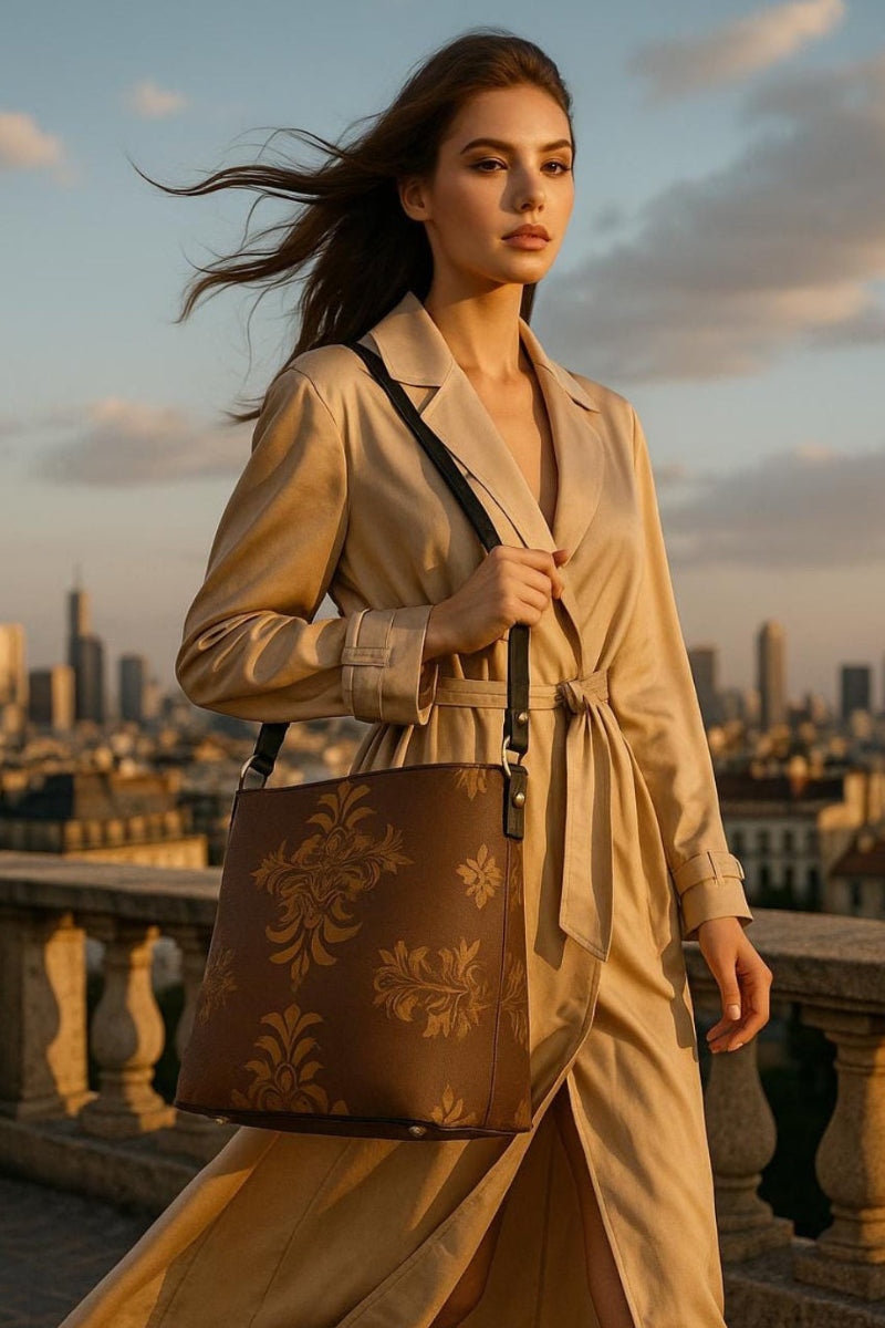 Woman carrying brown baroque print bucket handbag from Angelic Blessings Shop with city skyline background