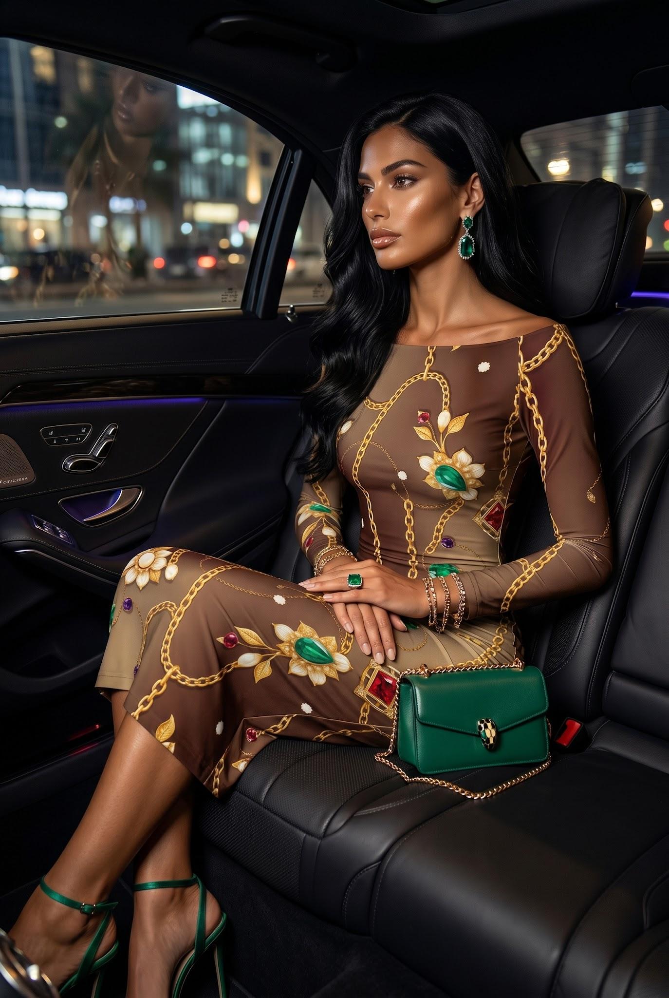 Off-the-shoulder dress elegant evening outfit with floral and chain print