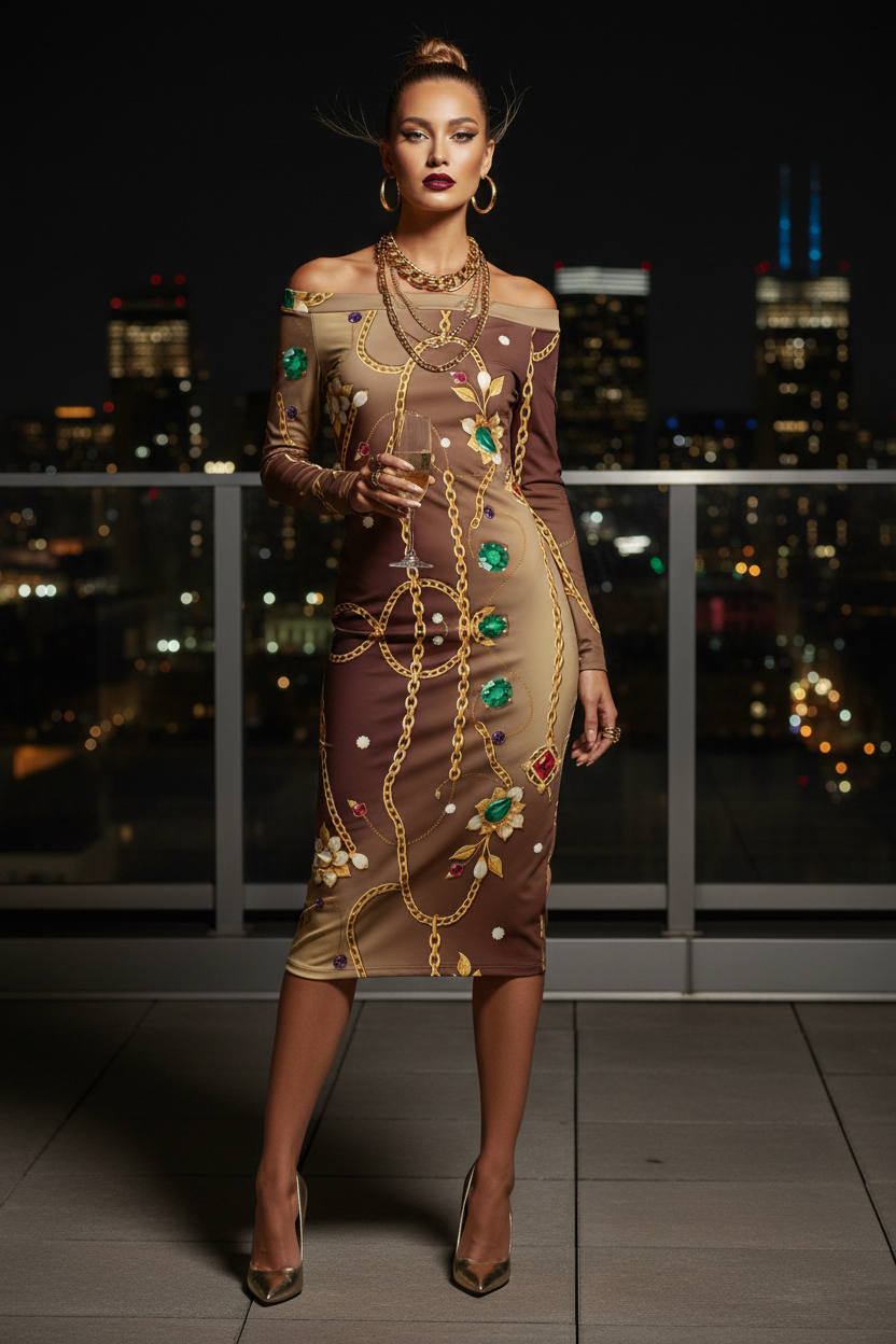 Off-the-shoulder dress elegant evening outfit with floral and chain print design