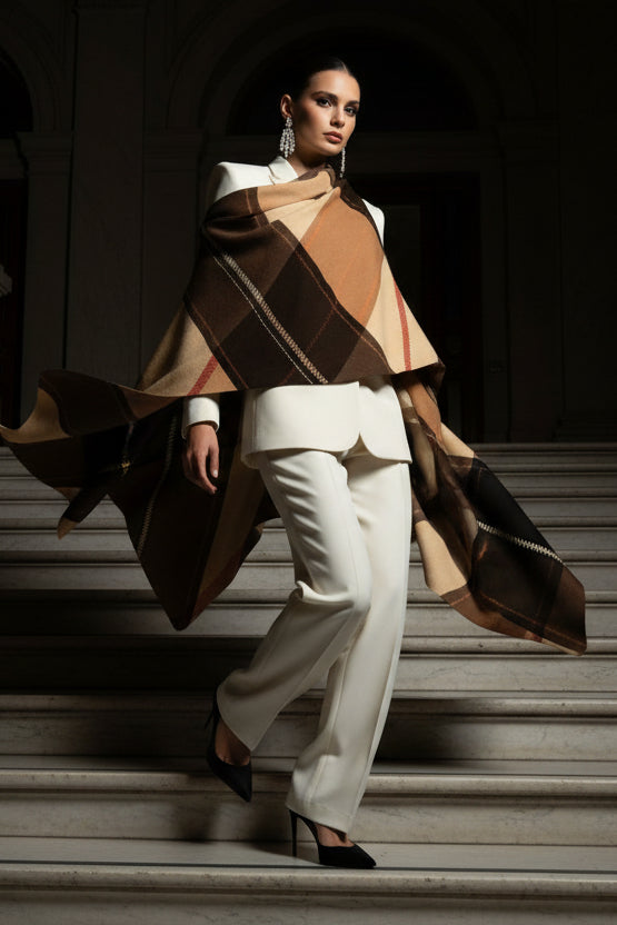 Tartan Shawl Draped Over Elegant Evening Outfit With White Suit