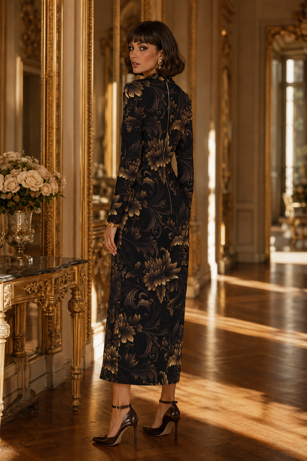 Floral Baroque High Neck midi dress Elegant Evening Outfit with Long Sleeves