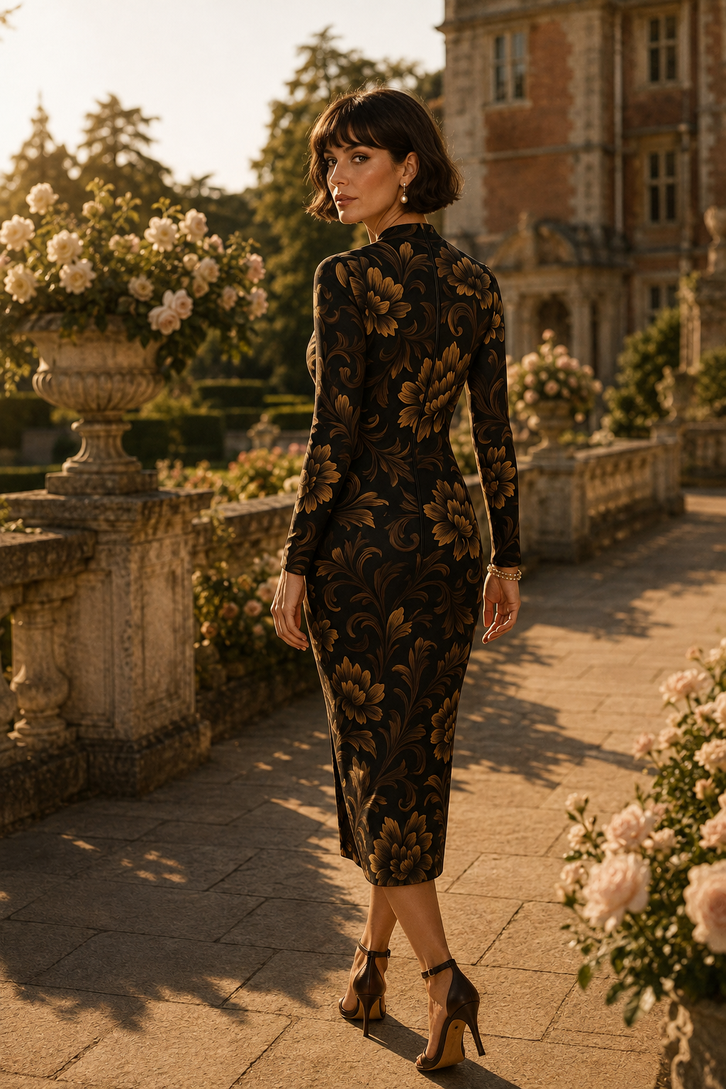 Brown Floral Baroque High Neck midi dress Elegant Evening Outfit Chic Style