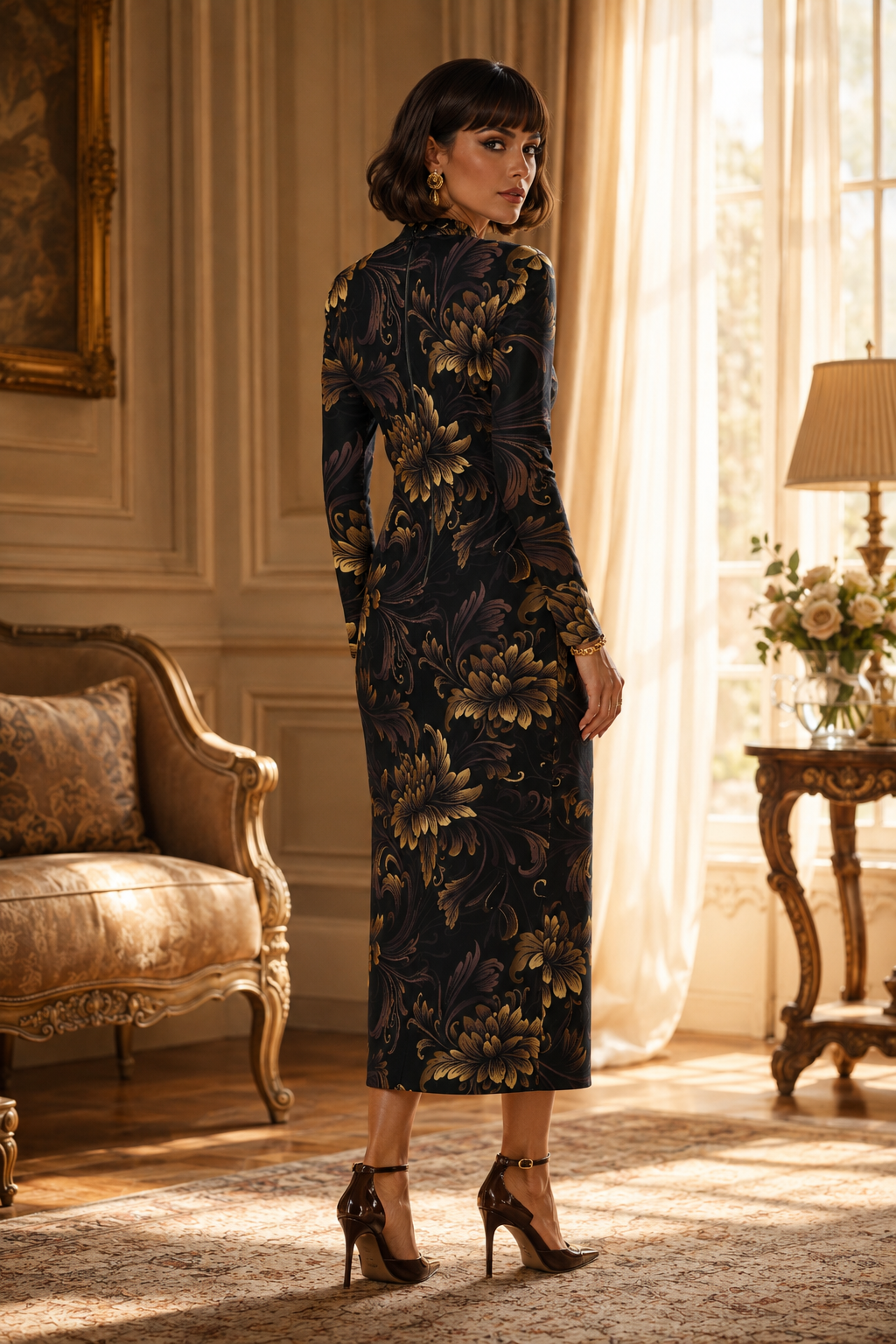 Brown Floral Baroque High Neck midi dress elegant evening outfit with floral pattern