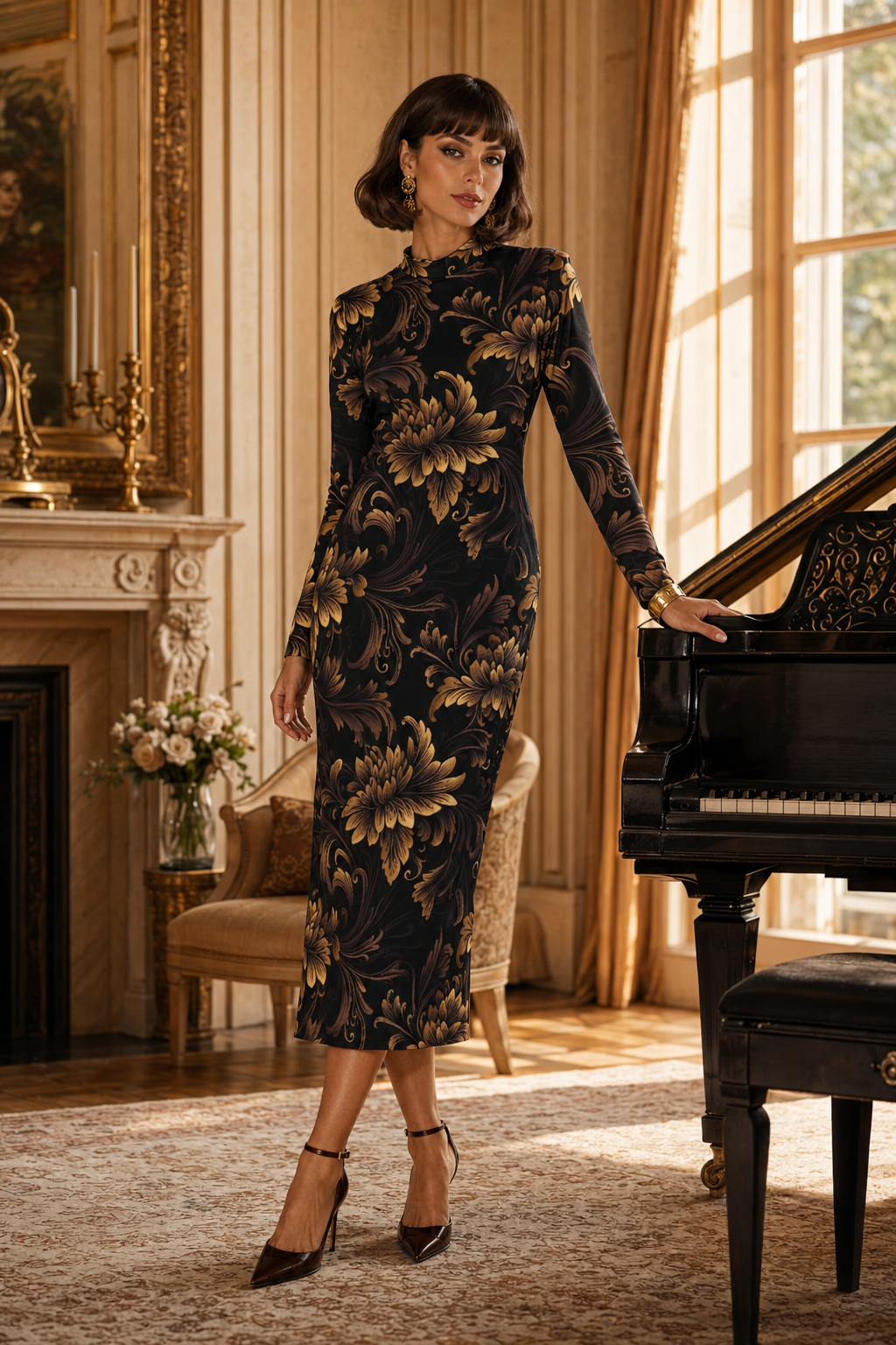 Floral Baroque High Neck midi dress elegant evening outfit with long sleeves and fitted silhouette