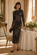 Brown Floral Baroque High Neck midi dress elegant outfit for evening events