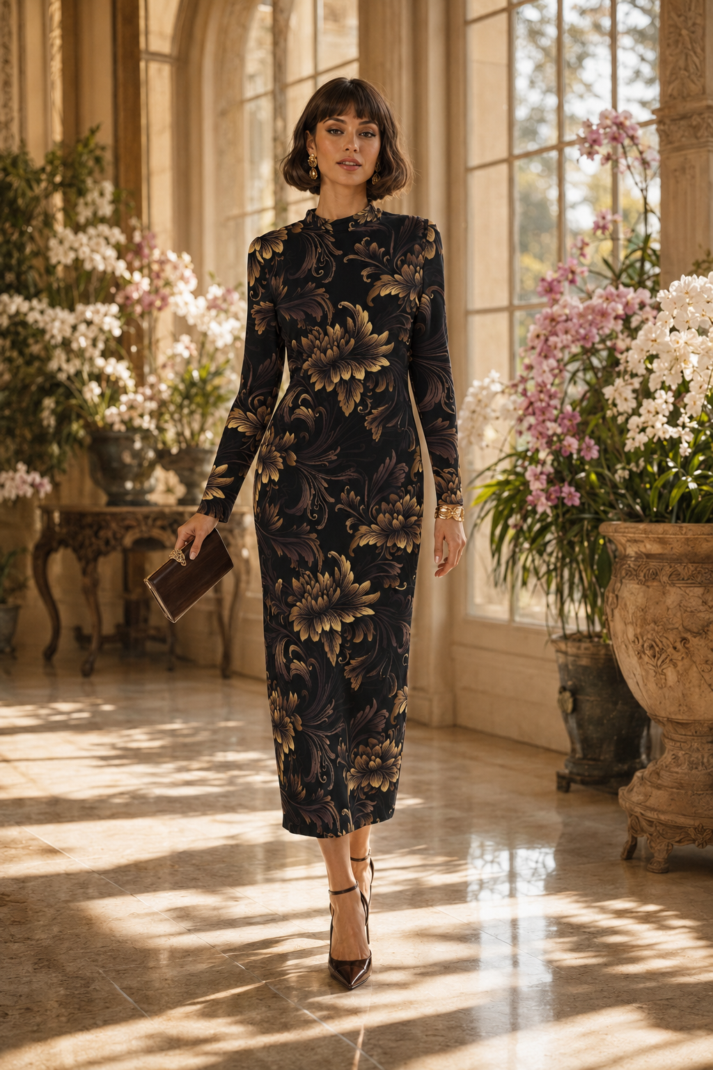 Floral Baroque High Neck midi dress elegant evening outfit with long sleeves