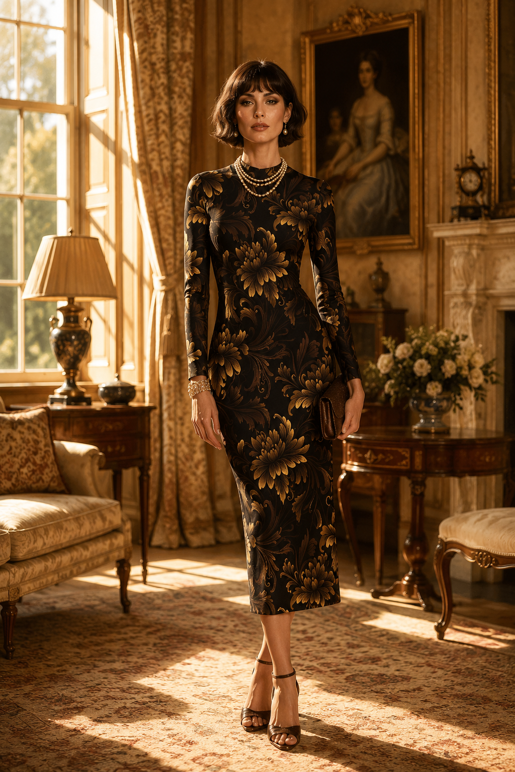 Brown Floral Baroque High Neck Midi Dress Elegant Evening Outfit with Long Sleeves