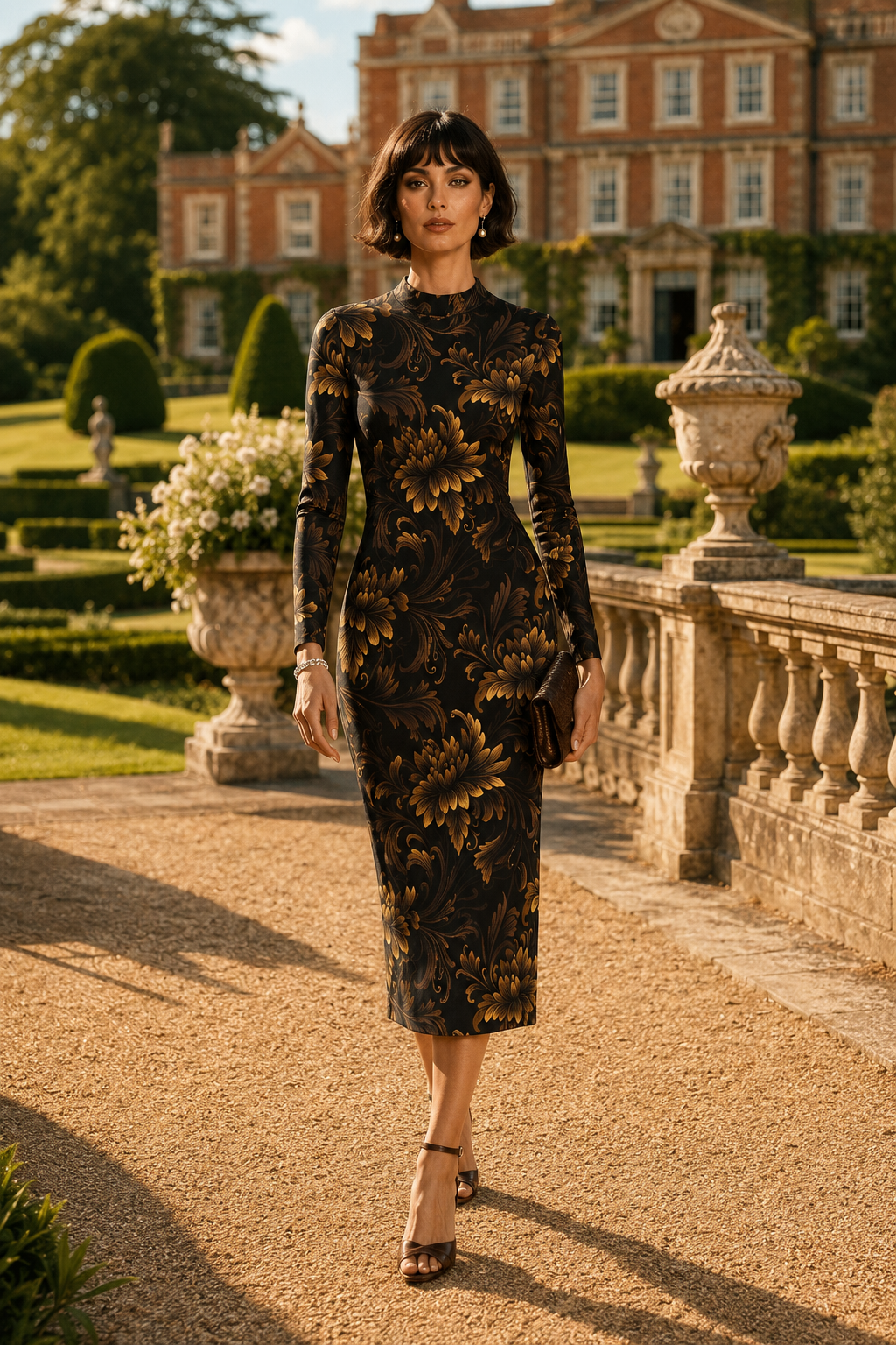 Brown Floral Baroque High Neck midi dress Elegant Evening Outfit with Long Sleeves