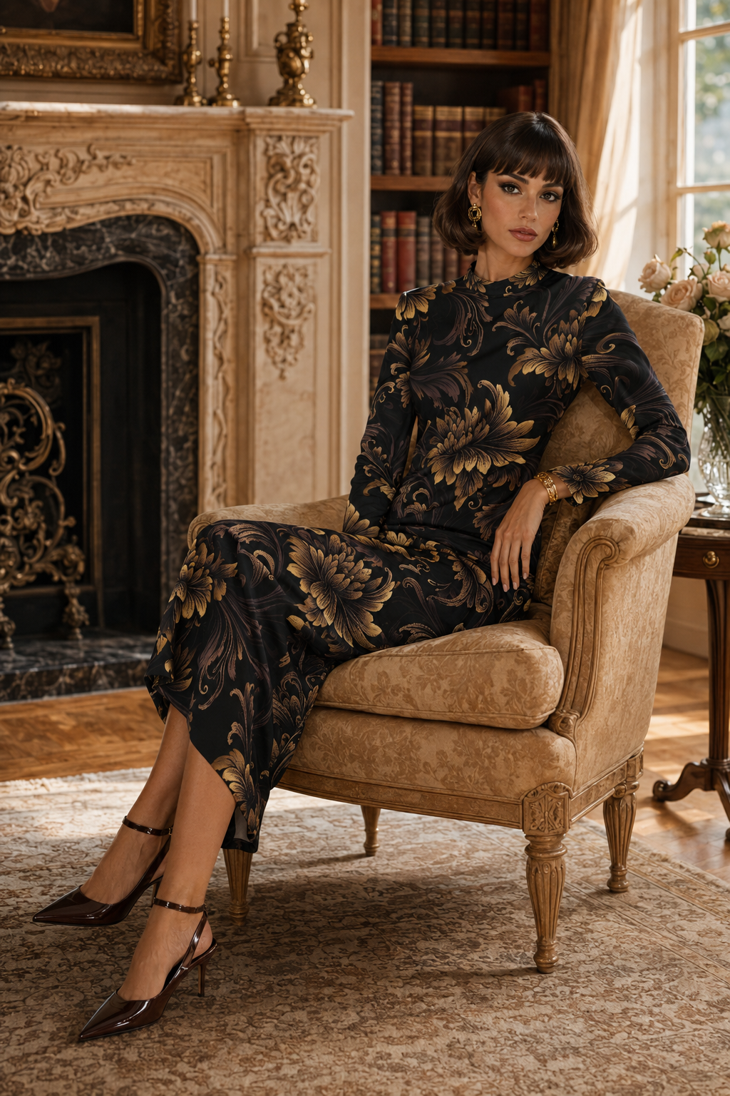 Floral Baroque High Neck midi dress elegant evening outfit with long sleeves and intricate pattern