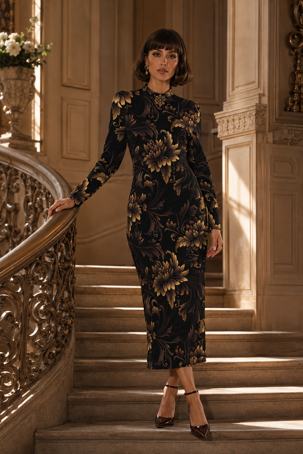 Floral Baroque High Neck midi dress elegant evening outfit with long sleeves and gold floral pattern
