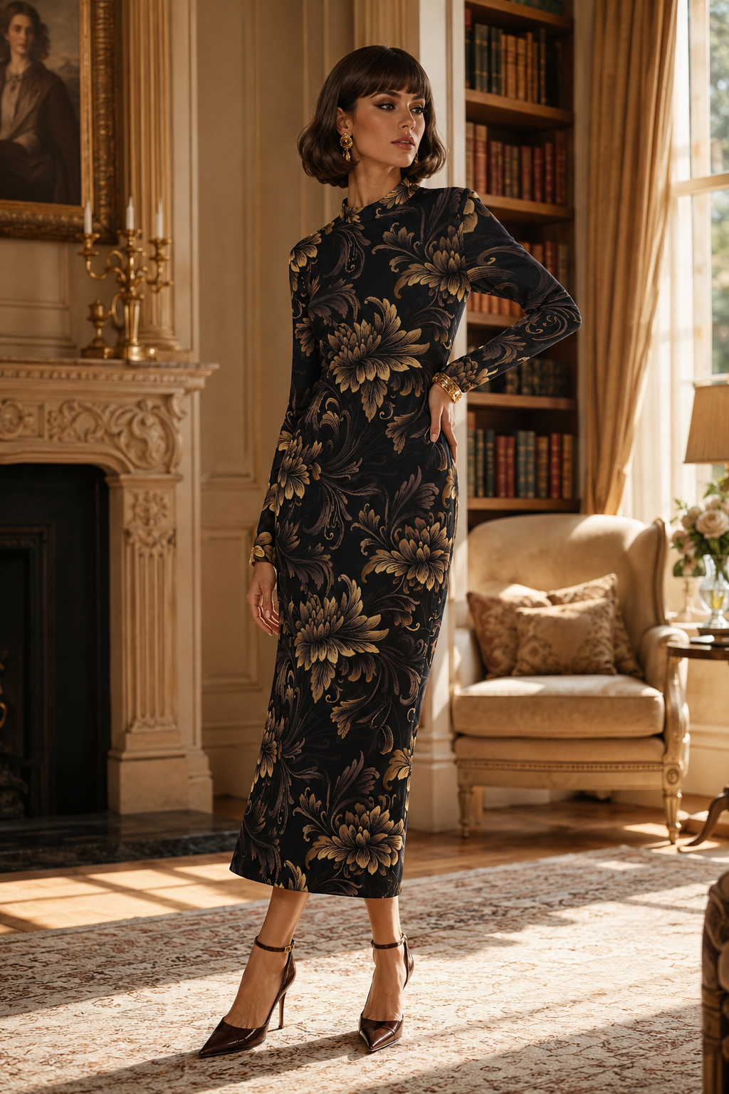 Floral Baroque High Neck Midi Dress Elegant Evening Outfit Classic Style