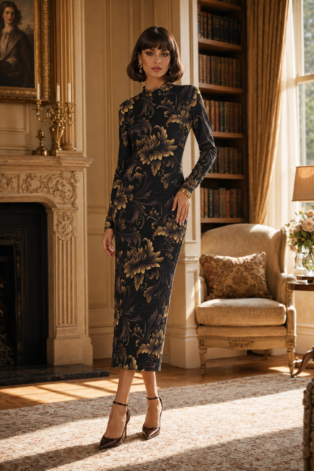 Brown Floral Baroque High Neck midi dress elegant outfit for evening occasions